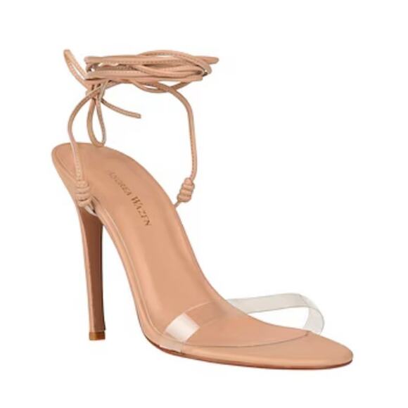 NEW Andrea Wazen PVC Stiletto Heels •39.5/ US 8.5• Nude Beige Ankle Wrap Sandals - Picture 1 of 14